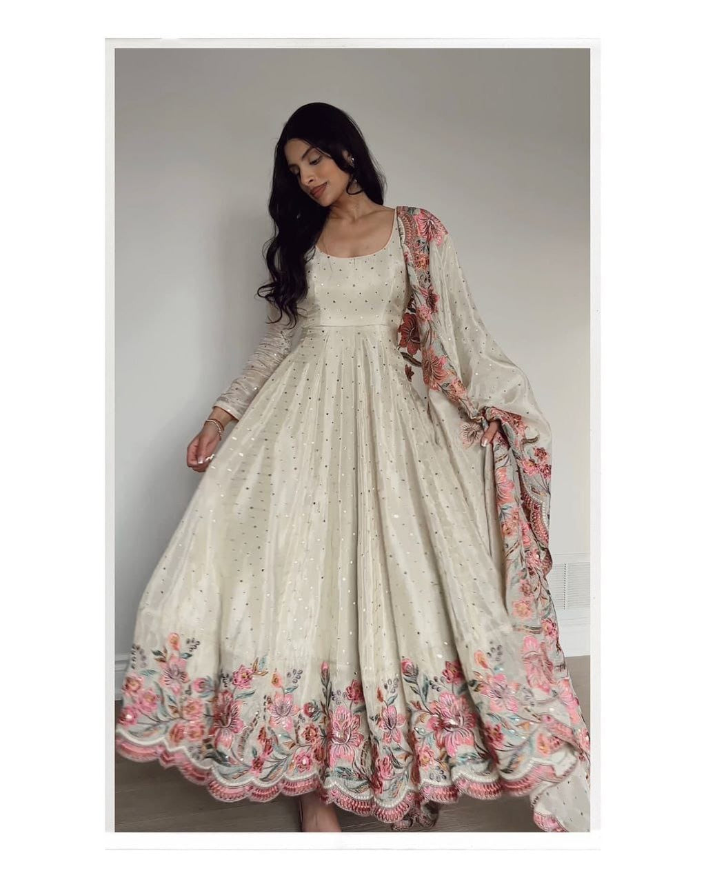 Designer Vichitra Silk Sequins Embroidered Gown with Pant & Cutwork Dupatta