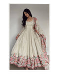Designer Vichitra Silk Sequins Embroidered Gown with Pant & Cutwork Dupatta