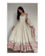 Designer Vichitra Silk Sequins Embroidered Gown with Pant & Cutwork Dupatta