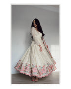 Designer Vichitra Silk Sequins Embroidered Gown with Pant & Cutwork Dupatta