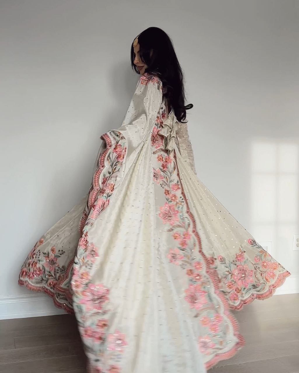 Designer Vichitra Silk Sequins Embroidered Gown with Pant & Cutwork Dupatta