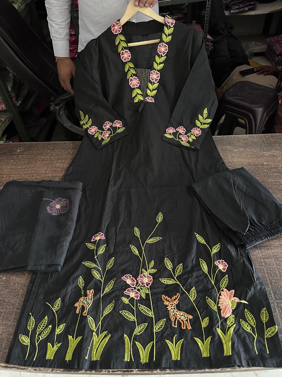 Aarna Heavy Pure Cotton Embroidered Kurti with Pant & Dupatta