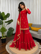 Beautiful Red Georgette Thread & Sequins Work Sharara Set
