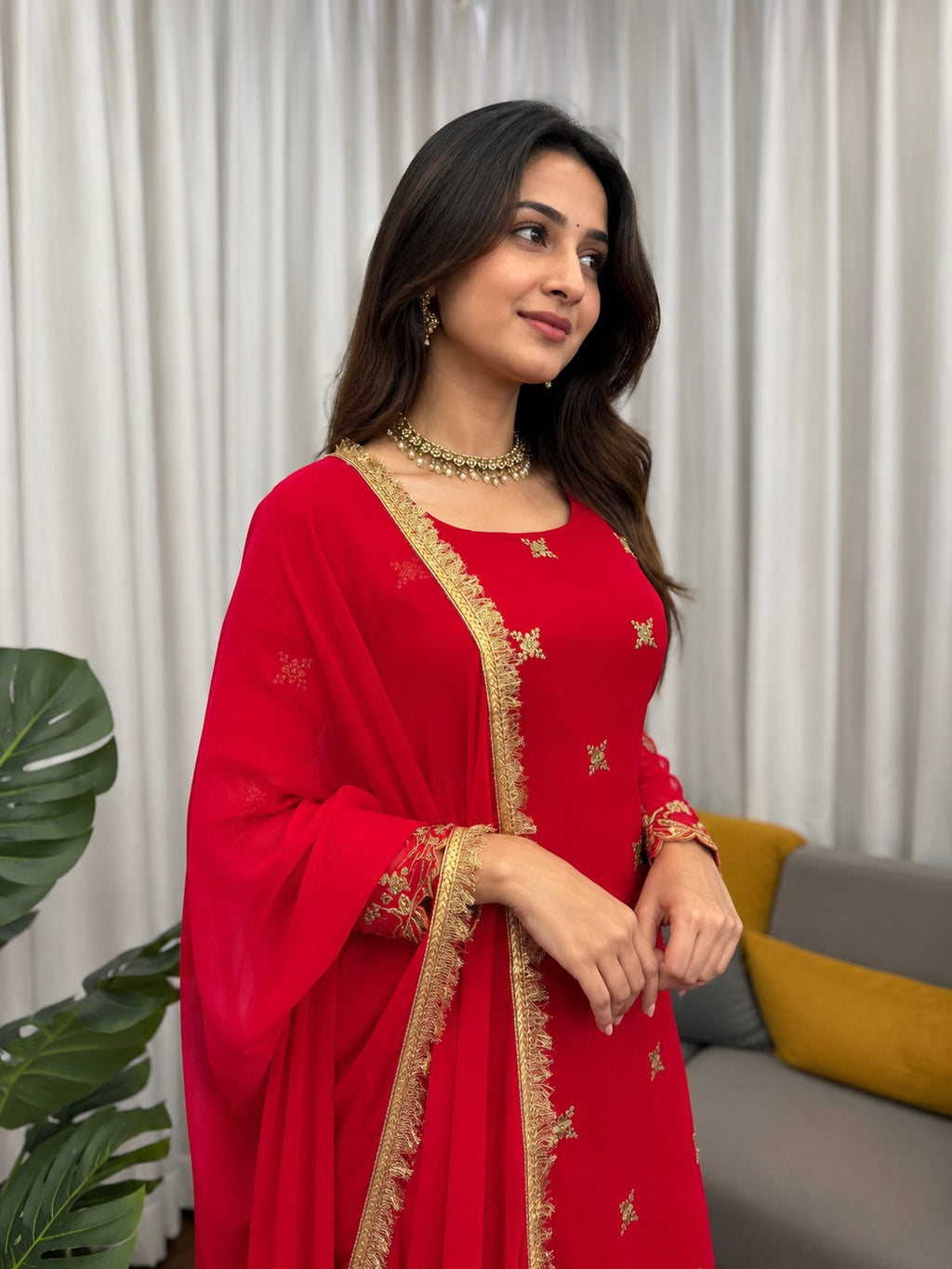 Beautiful Red Georgette Thread & Sequins Work Sharara Set