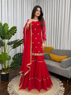 Beautiful Red Georgette Thread & Sequins Work Sharara Set