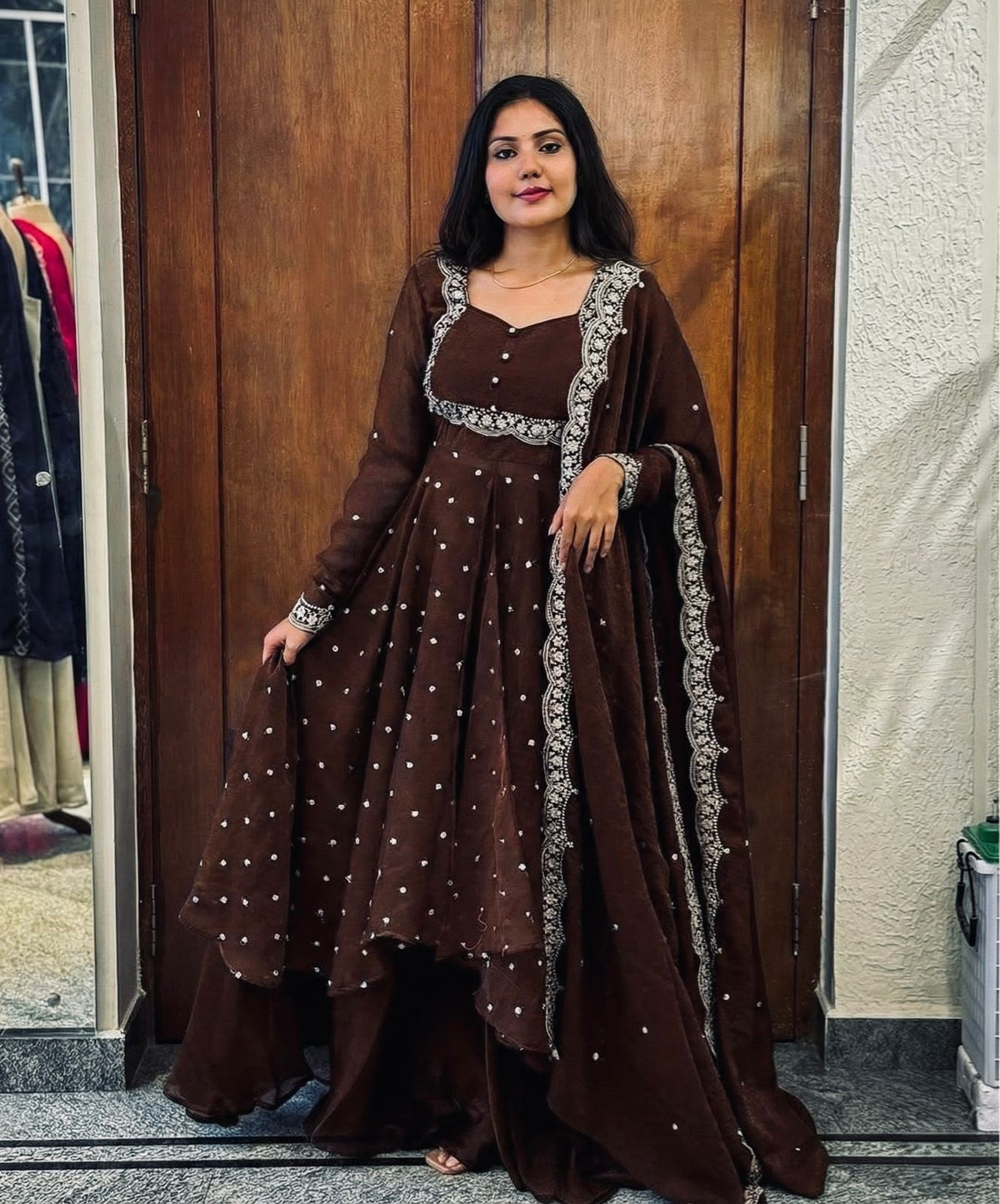 Premium Vichitra Silk Anarkali Set with Sequins & Zari Embroidery
