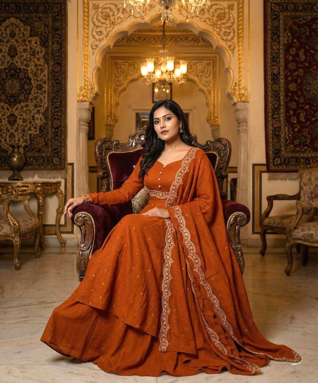 Premium Vichitra Silk Anarkali Set with Sequins & Zari Embroidery
