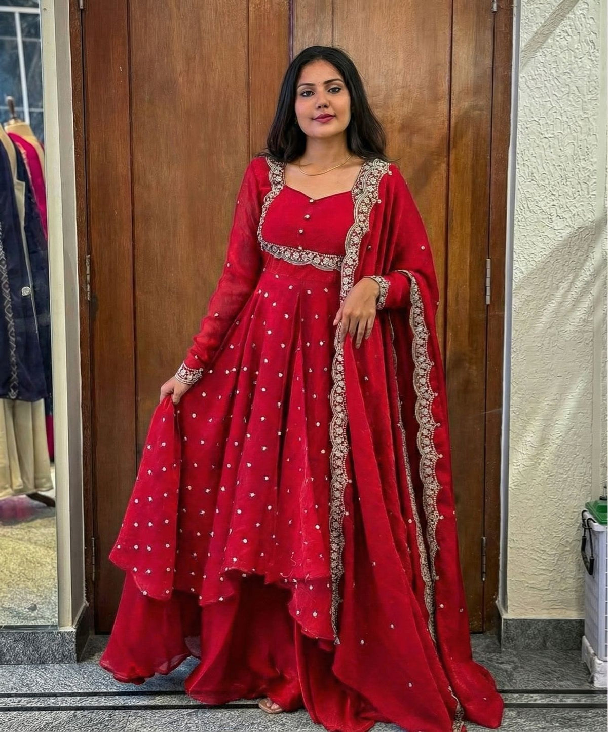 Premium Vichitra Silk Anarkali Set with Sequins & Zari Embroidery