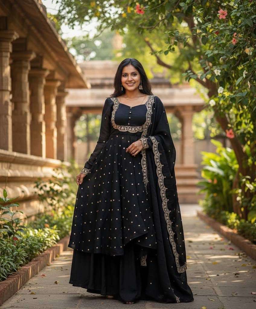 Premium Vichitra Silk Anarkali Set with Sequins & Zari Embroidery