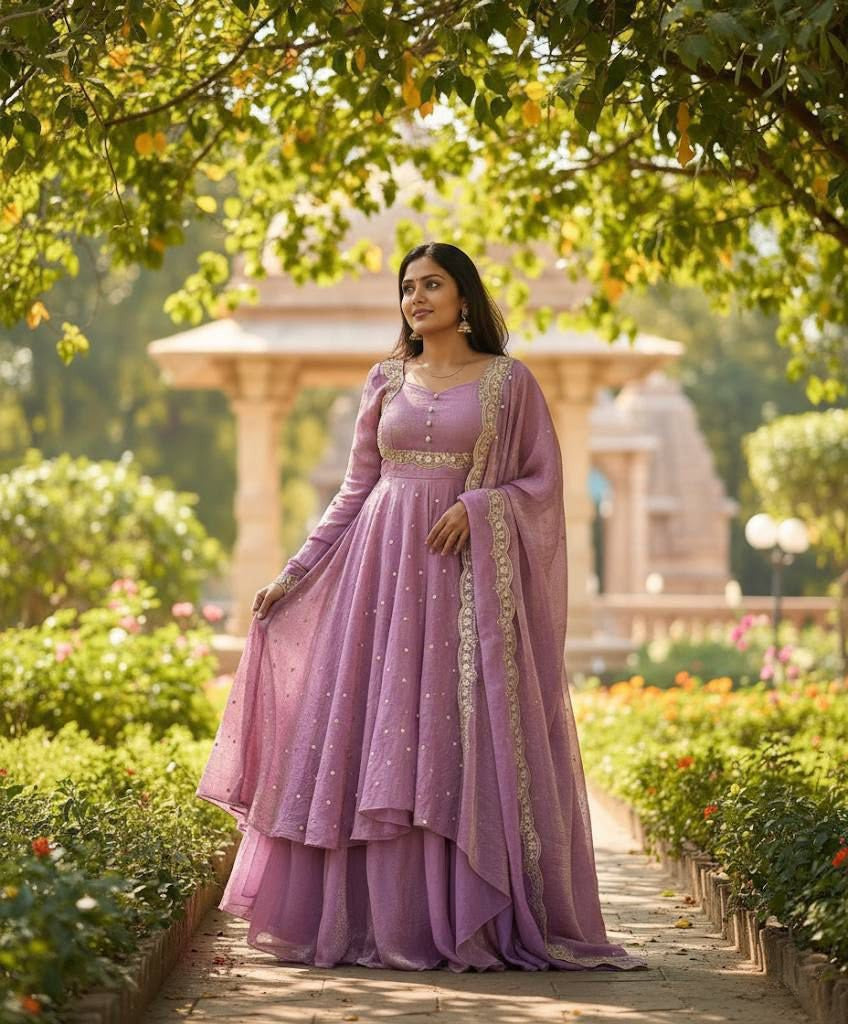 Premium Vichitra Silk Anarkali Set with Sequins & Zari Embroidery