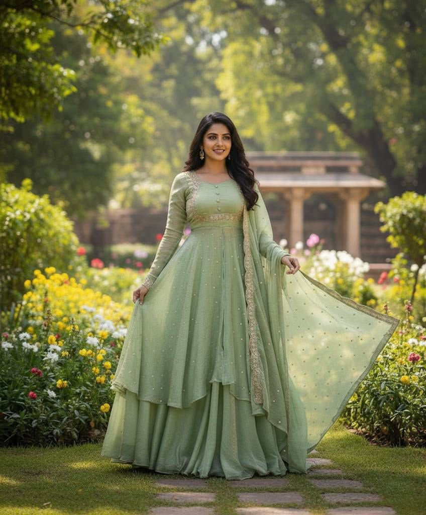 Premium Vichitra Silk Anarkali Set with Sequins & Zari Embroidery