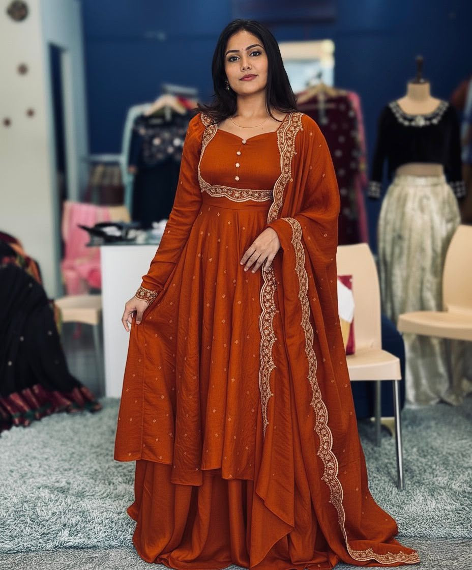Premium Vichitra Silk Anarkali Set with Sequins & Zari Embroidery