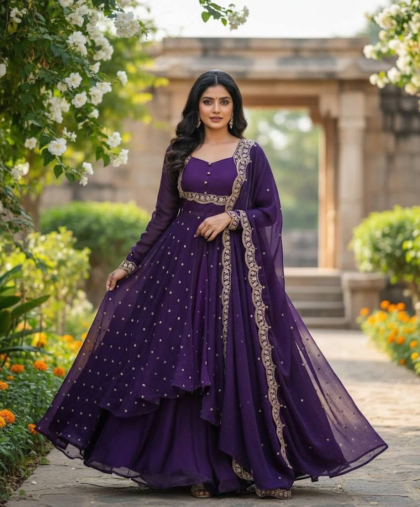 Premium Vichitra Silk Anarkali Set with Sequins & Zari Embroidery