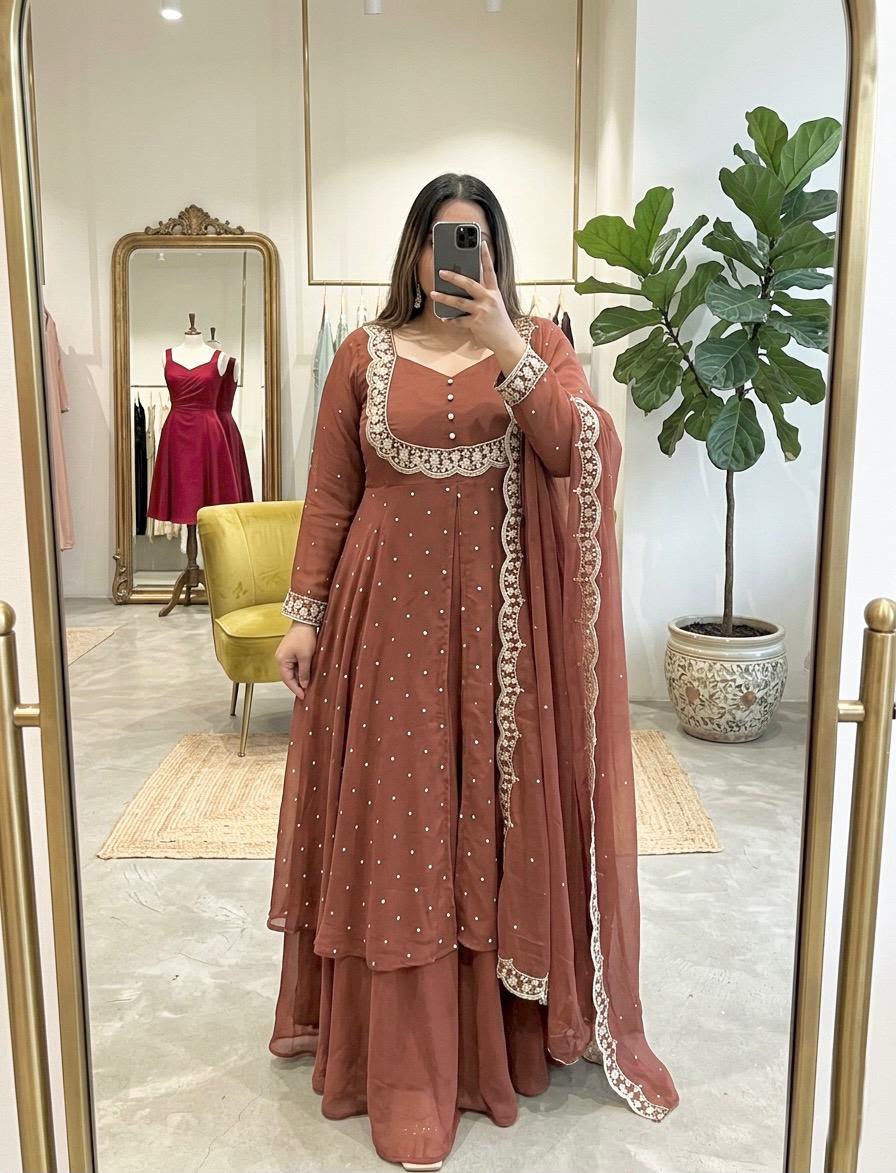 Premium Vichitra Silk Anarkali Set with Sequins & Zari Embroidery