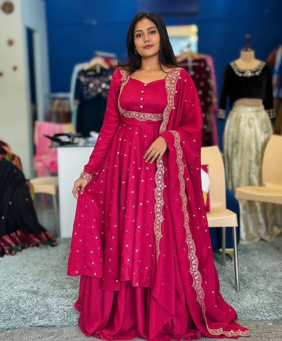Premium Vichitra Silk Anarkali Set with Sequins & Zari Embroidery
