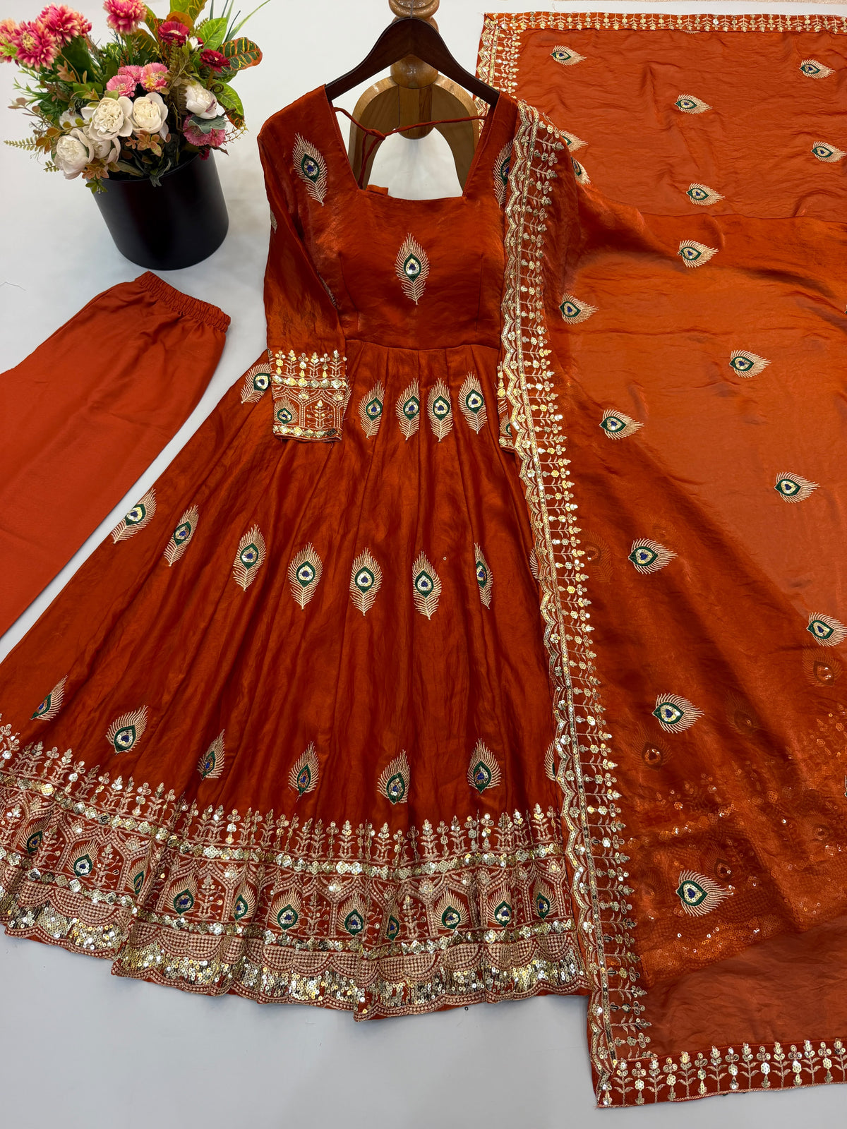 Virellia Designer Fendy Silk Heavy Sequin Embroidered Gown with Matching Dupatta