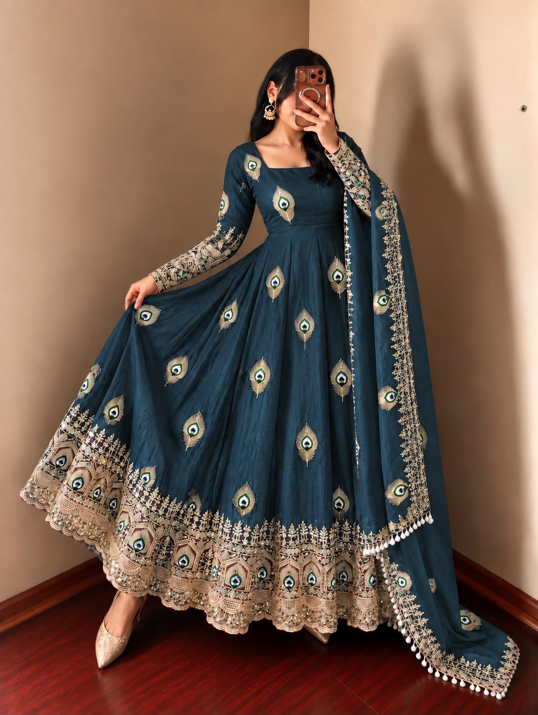 Virellia Designer Fendy Silk Heavy Sequin Embroidered Gown with Matching Dupatta