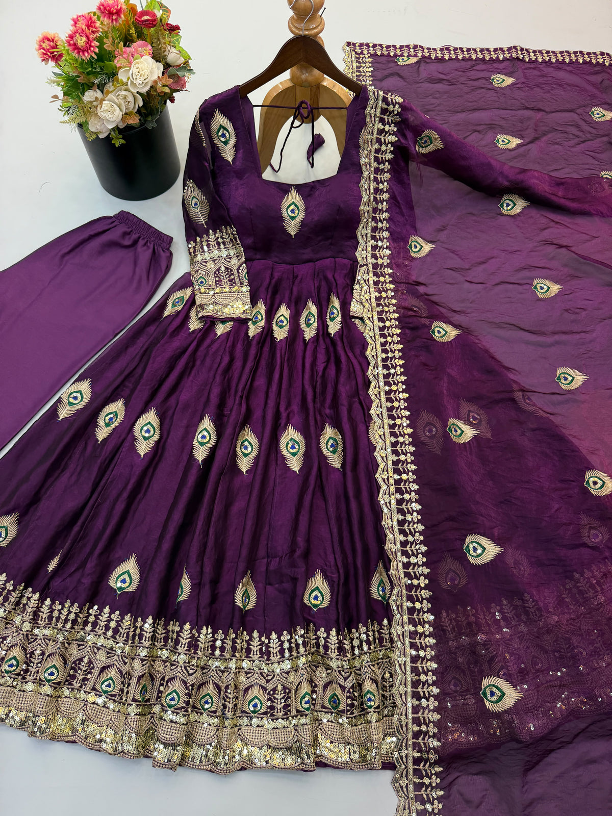 Virellia Designer Fendy Silk Heavy Sequin Embroidered Gown with Matching Dupatta
