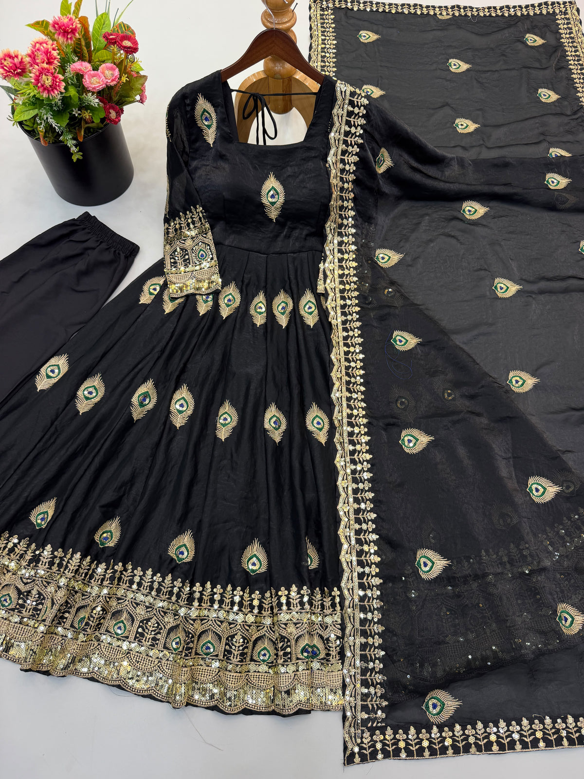 Virellia Designer Fendy Silk Heavy Sequin Embroidered Gown with Matching Dupatta