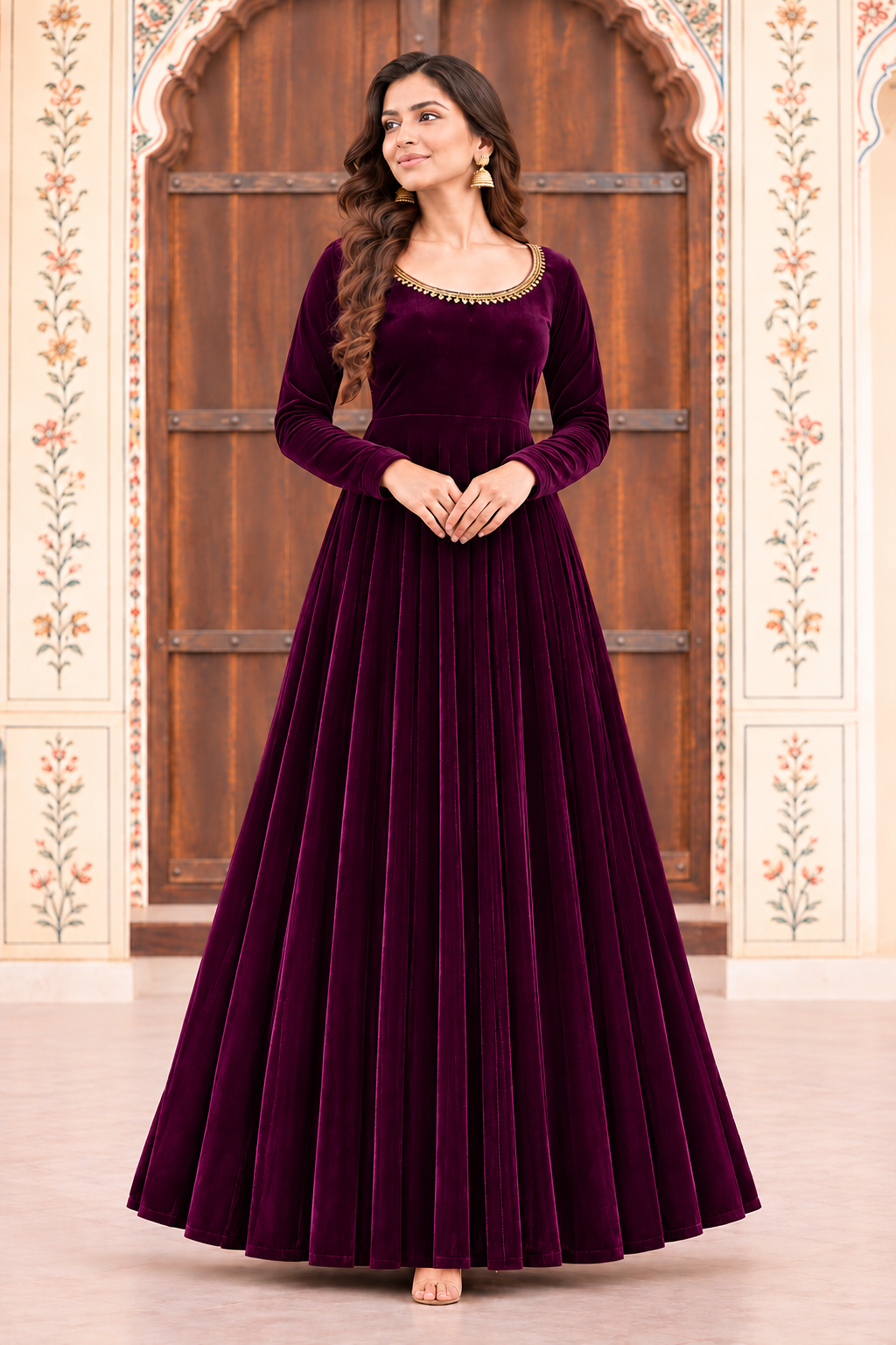 Zareen Velvet Anarkali Gown Set with Gotta Lace Work, Matching Dupatta