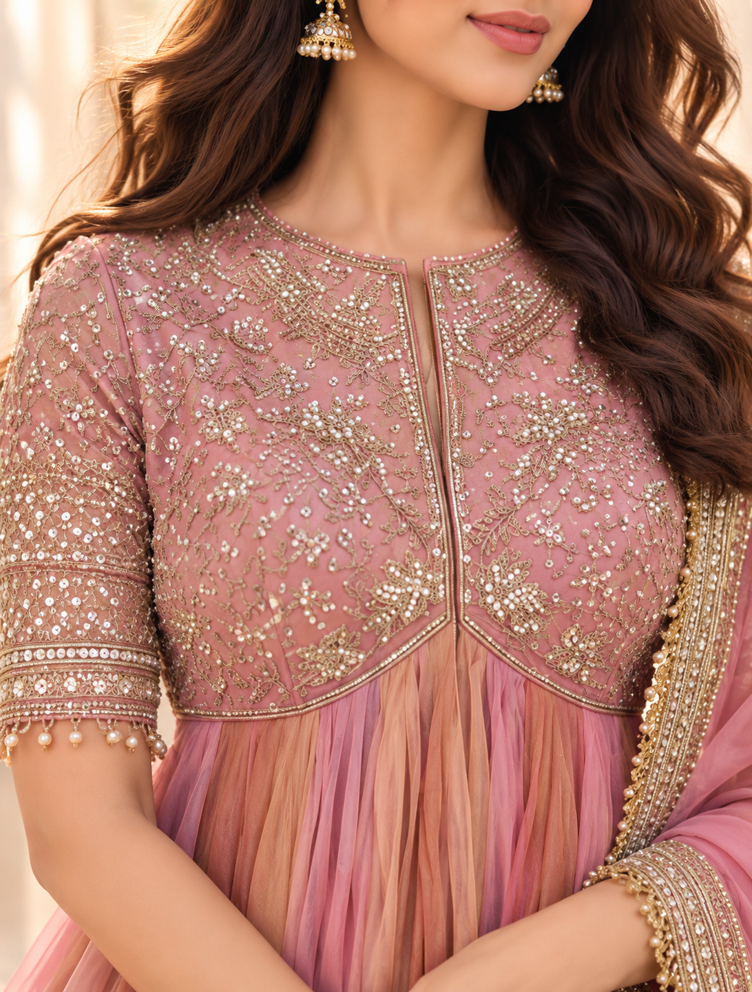 Vionna Luxury Moss Silk Anarkali Suit with Intricate Beadwork, Full Flared Gown, Net Dupatta & Pant