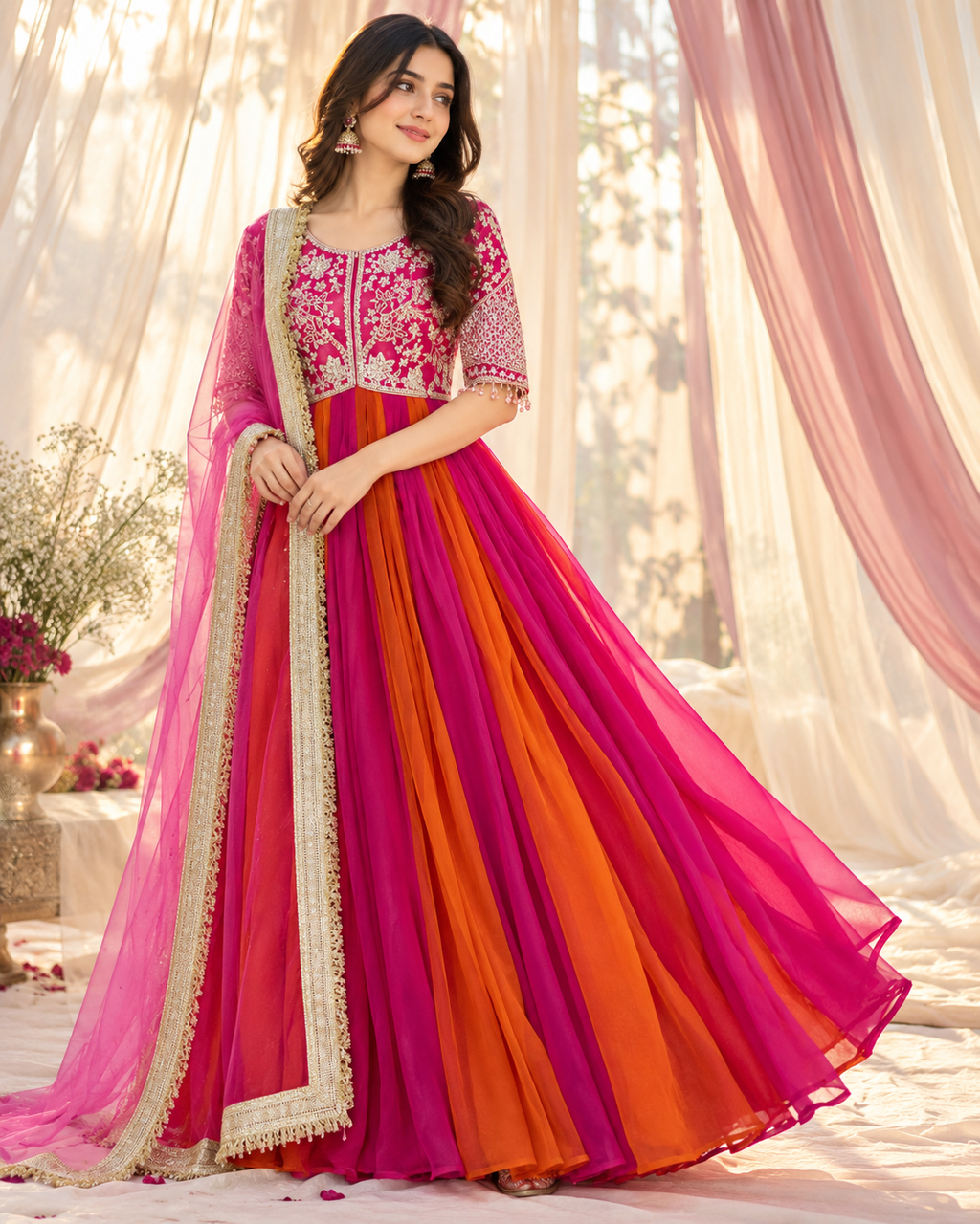 Vionna Luxury Moss Silk Anarkali Suit with Intricate Beadwork, Full Flared Gown, Net Dupatta & Pant