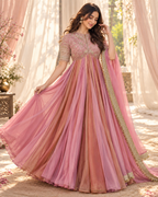 Vionna Luxury Moss Silk Anarkali Suit with Intricate Beadwork, Full Flared Gown, Net Dupatta & Pant