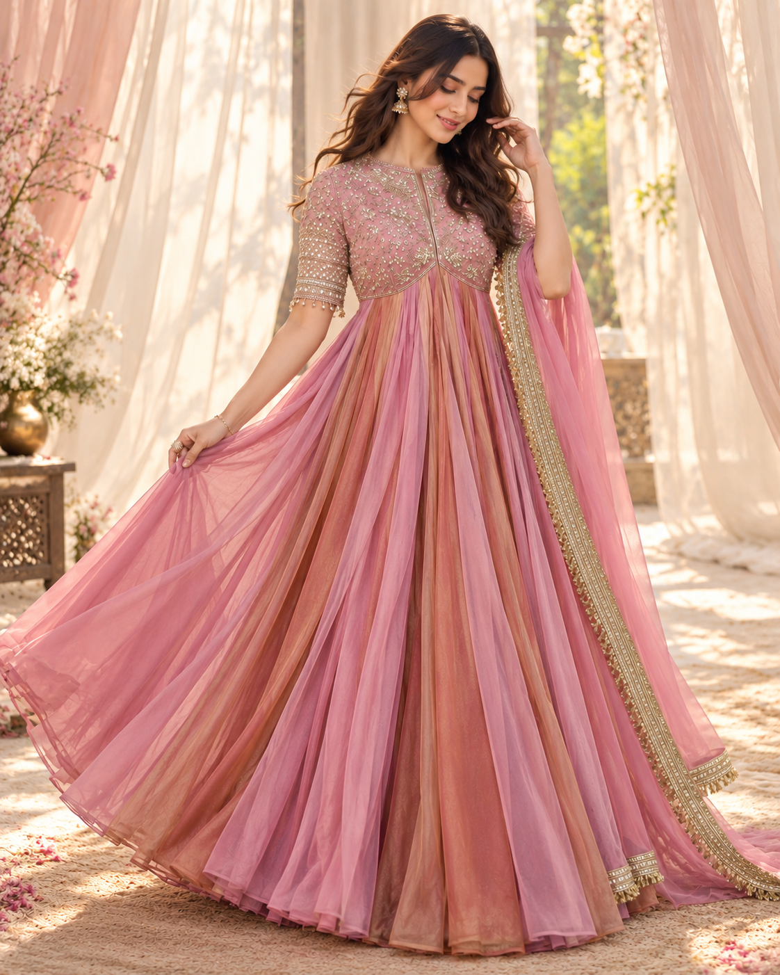 Vionna Luxury Moss Silk Anarkali Suit with Intricate Beadwork, Full Flared Gown, Net Dupatta & Pant