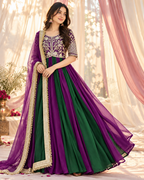 Vionna Luxury Moss Silk Anarkali Suit with Intricate Beadwork, Full Flared Gown, Net Dupatta & Pant