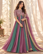 Vionna Luxury Moss Silk Anarkali Suit with Intricate Beadwork, Full Flared Gown, Net Dupatta & Pant