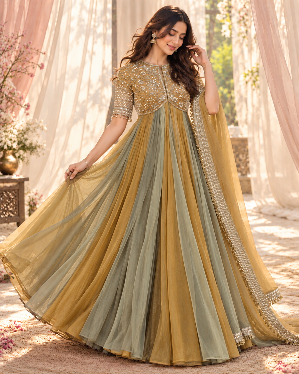 Vionna Luxury Moss Silk Anarkali Suit with Intricate Beadwork, Full Flared Gown, Net Dupatta & Pant