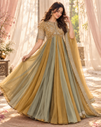 Vionna Luxury Moss Silk Anarkali Suit with Intricate Beadwork, Full Flared Gown, Net Dupatta & Pant