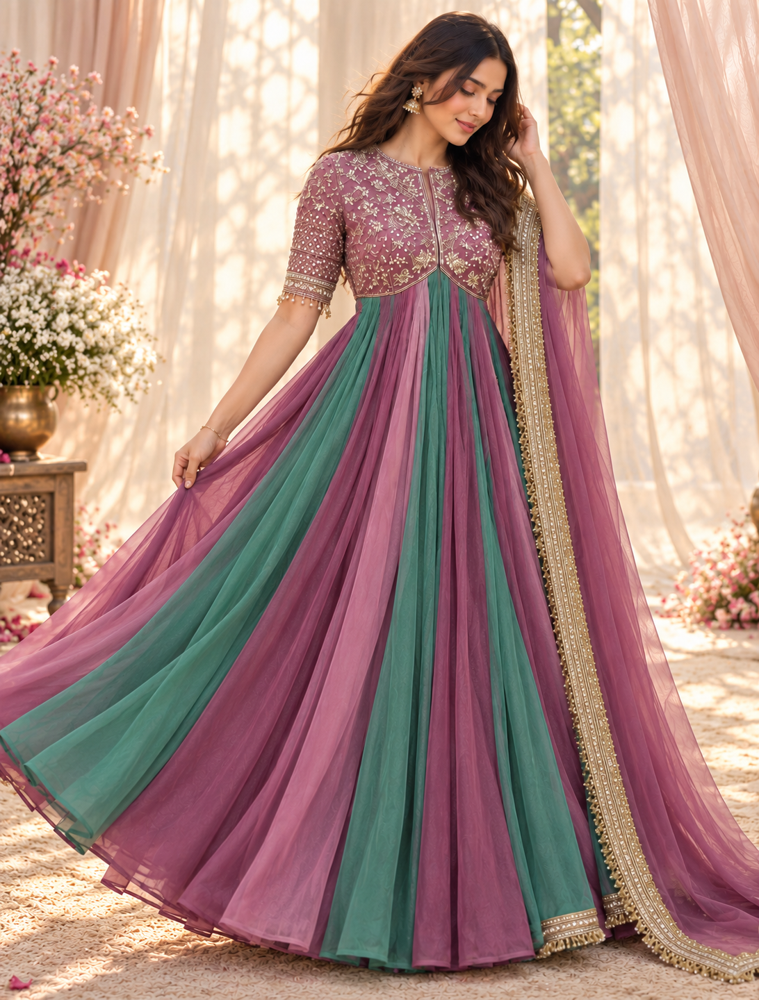 Vionna Luxury Moss Silk Anarkali Suit with Intricate Beadwork, Full Flared Gown, Net Dupatta & Pant