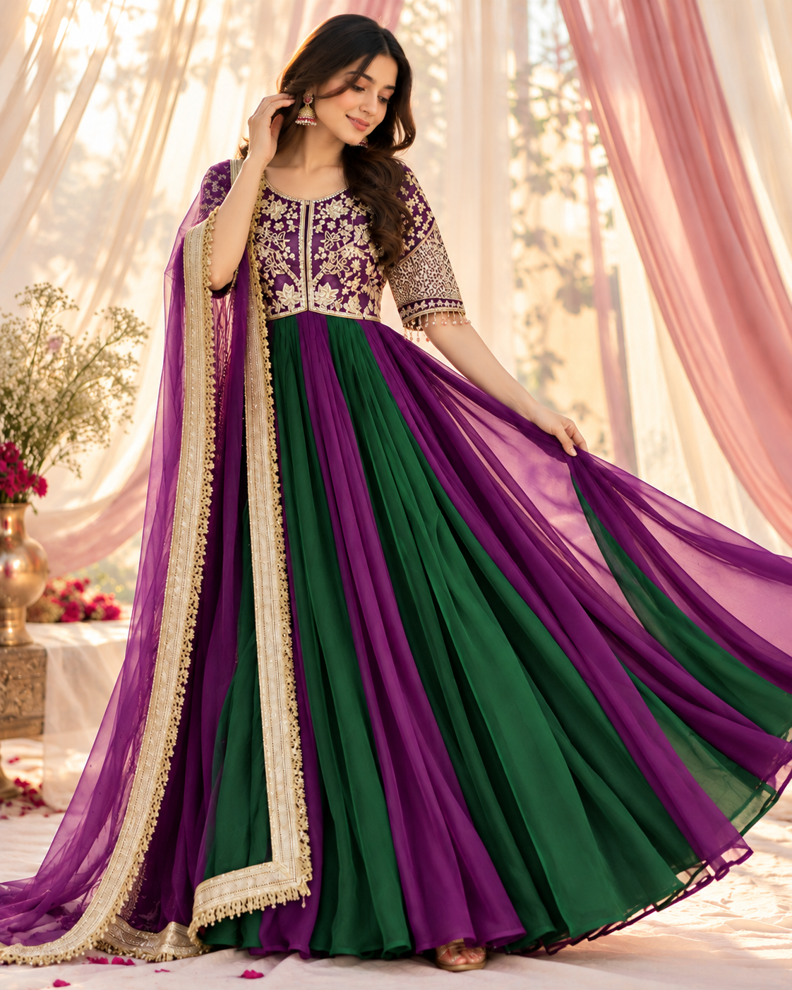 Vionna Luxury Moss Silk Anarkali Suit with Intricate Beadwork, Full Flared Gown, Net Dupatta & Pant