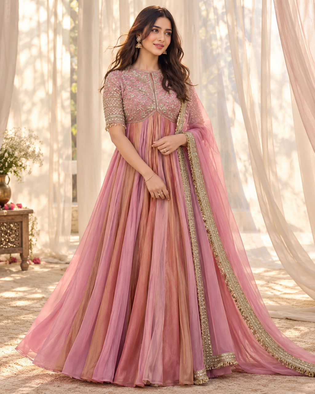 Vionna Luxury Moss Silk Anarkali Suit with Intricate Beadwork, Full Flared Gown, Net Dupatta & Pant