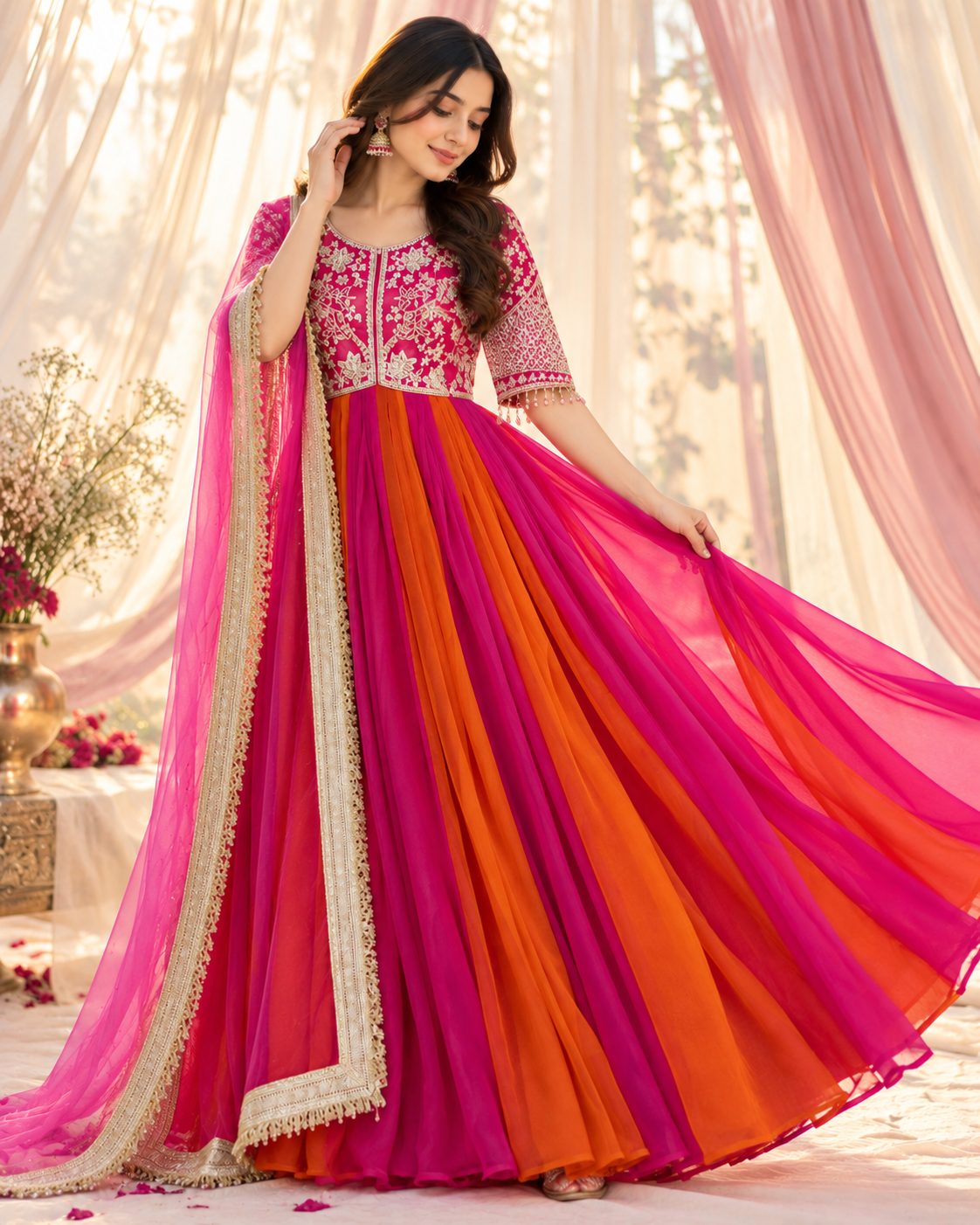 Vionna Luxury Moss Silk Anarkali Suit with Intricate Beadwork, Full Flared Gown, Net Dupatta & Pant