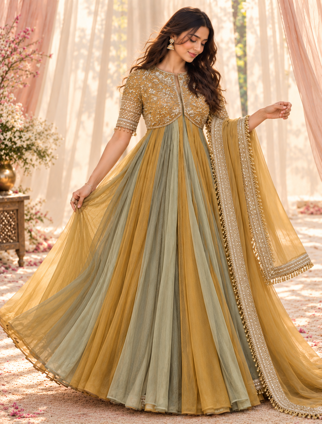 Vionna Luxury Moss Silk Anarkali Suit with Intricate Beadwork, Full Flared Gown, Net Dupatta & Pant