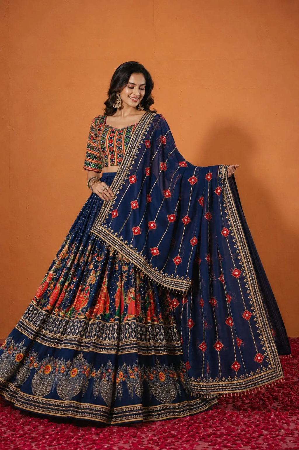 Devyani Muslin Cotton Digital Print Lehenga Set with Real Mirror Work & Latkan Dupatta
