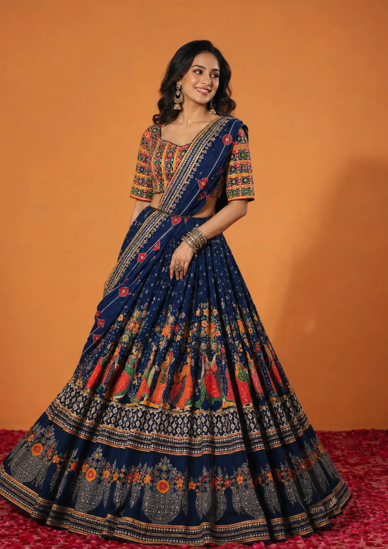 Devyani Muslin Cotton Digital Print Lehenga Set with Real Mirror Work & Latkan Dupatta