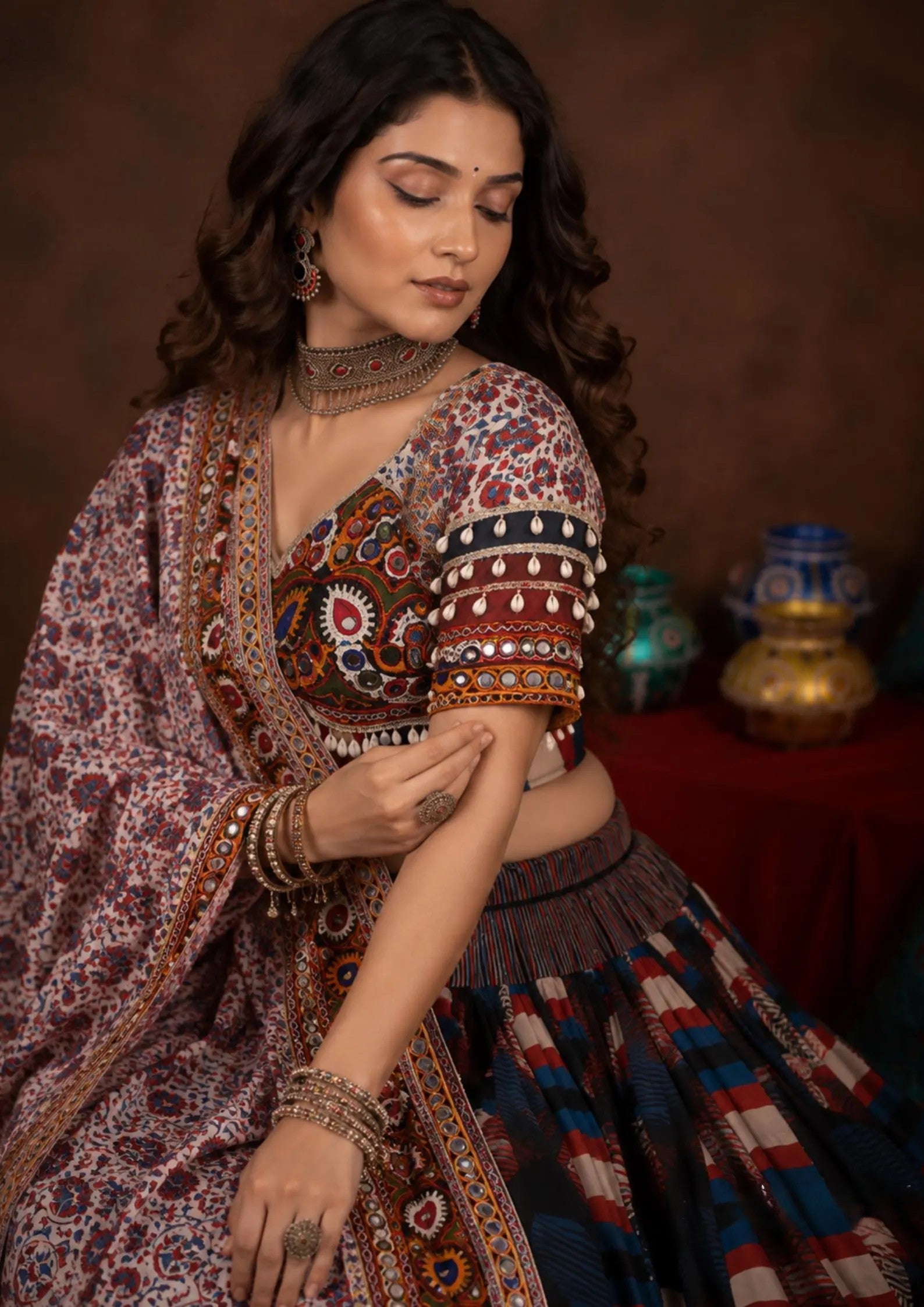 Eshvika Muslin Cotton Digital Print Lehenga Choli Set with Real Mirror & Latkan Work