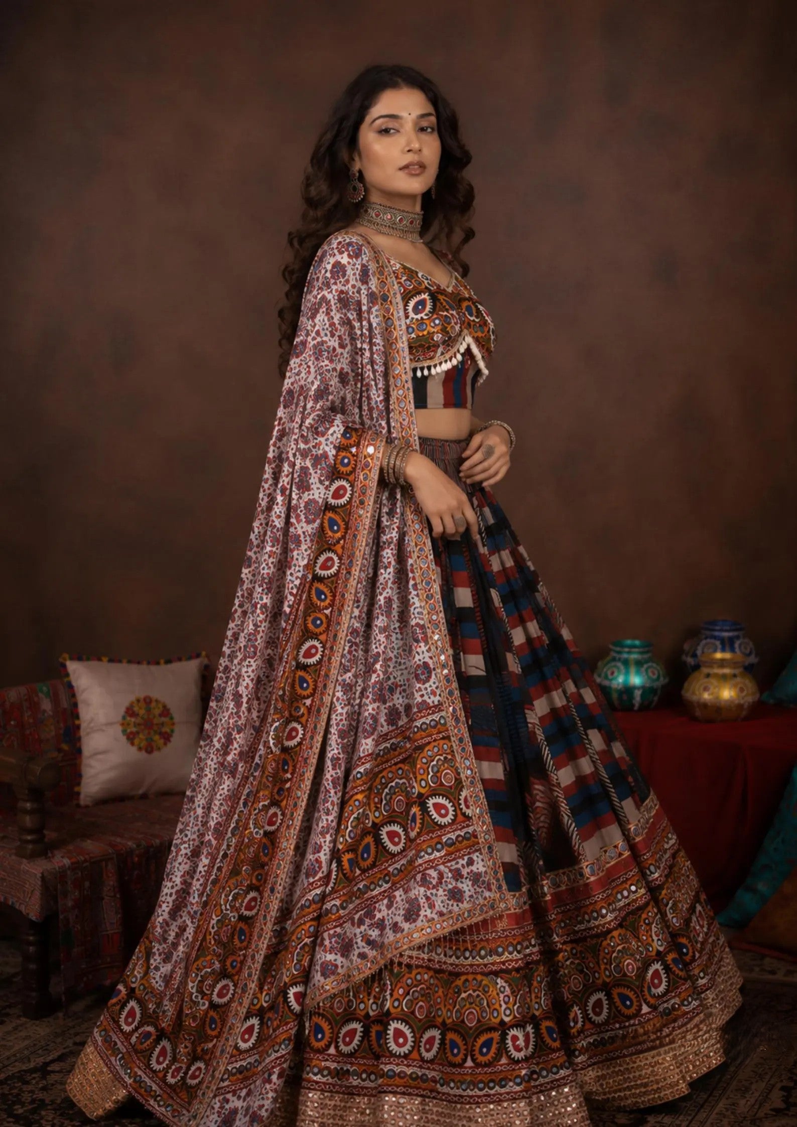 Eshvika Muslin Cotton Digital Print Lehenga Choli Set with Real Mirror & Latkan Work