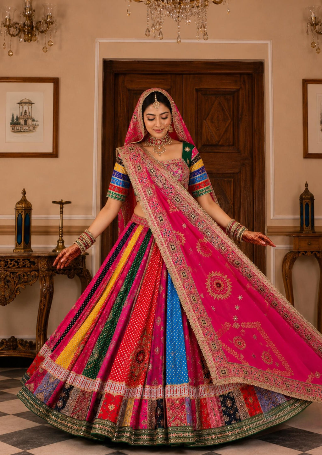 Anvisha Muslin Cotton Digital Print & Mirror Work Lehenga with Blouse & Dupatta