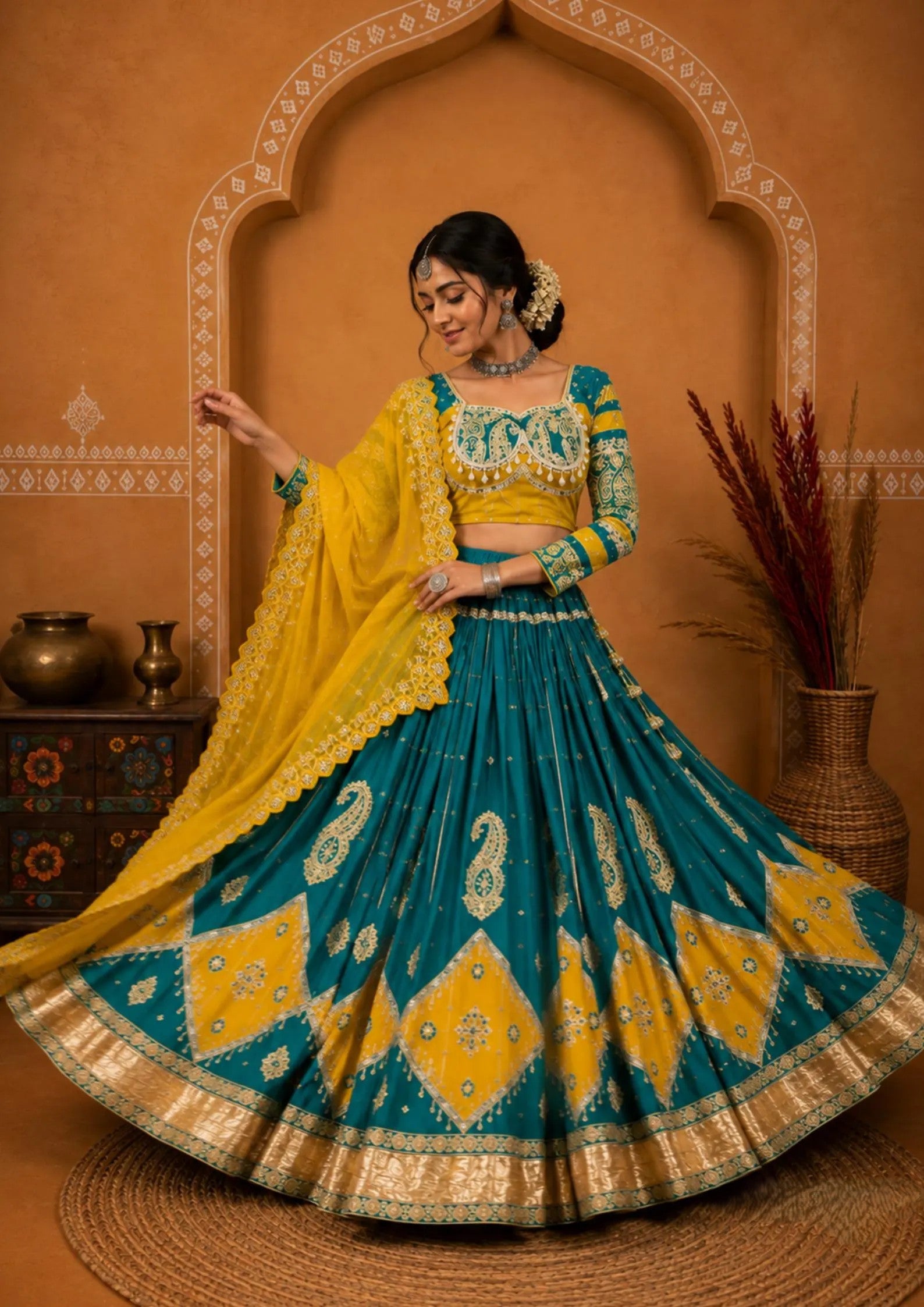 Madhulika Muslin Cotton Mirror Work Lehenga Choli Set with Dupatta