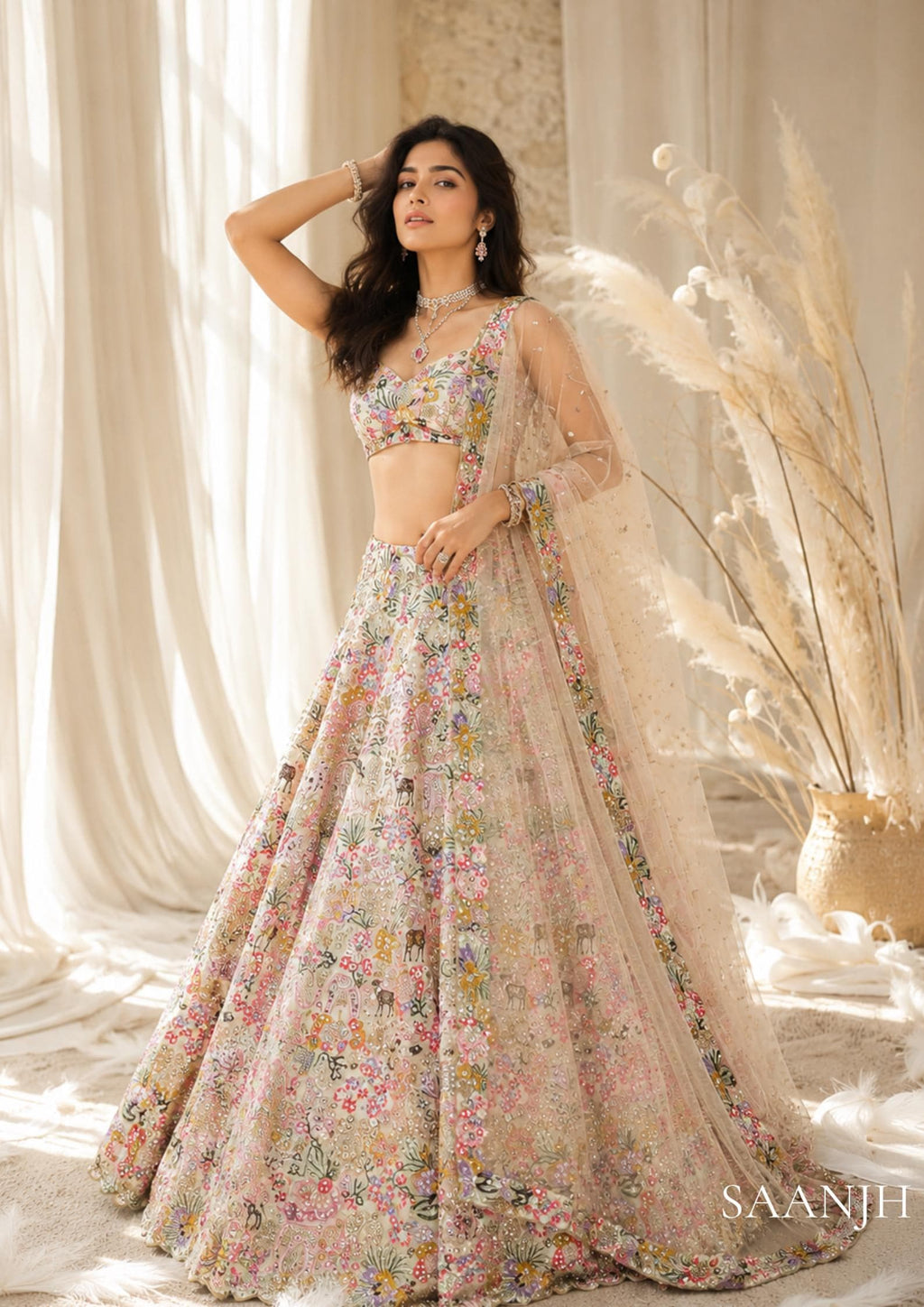 Aaralika Floral Embroidered Lehenga Choli Set Bridal Mehendi Sangeet Reception Outfit