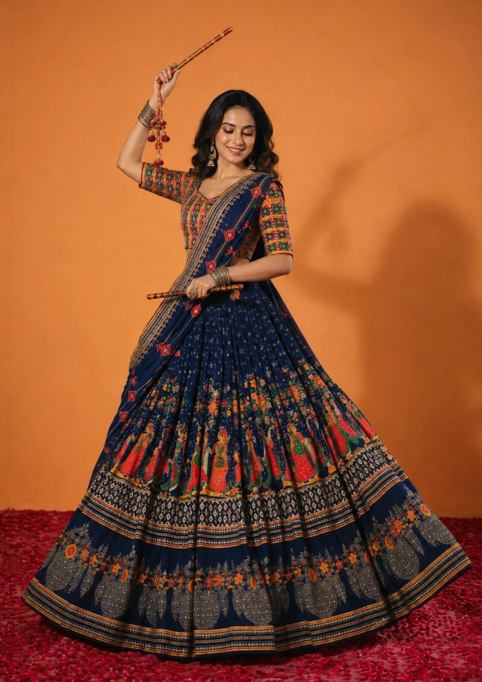 Devyani Muslin Cotton Digital Print Lehenga Set with Real Mirror Work & Latkan Dupatta