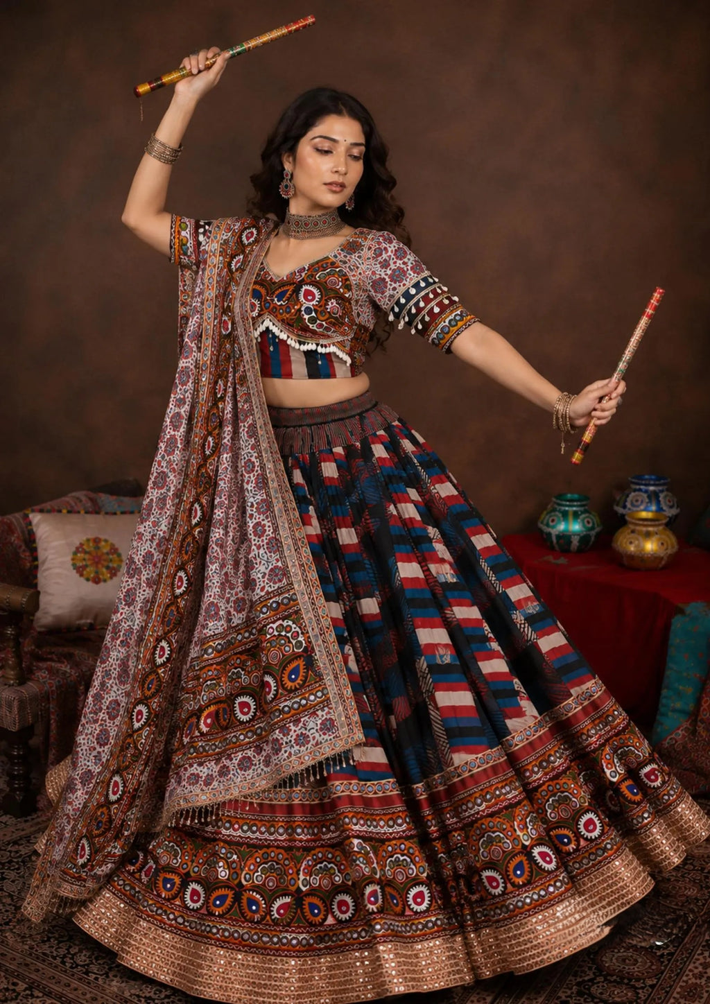 Eshvika Muslin Cotton Digital Print Lehenga Choli Set with Real Mirror & Latkan Work