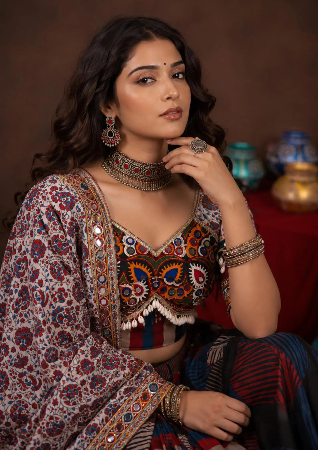 Eshvika Muslin Cotton Digital Print Lehenga Choli Set with Real Mirror & Latkan Work