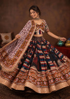 Eshvika Muslin Cotton Digital Print Lehenga Choli Set with Real Mirror & Latkan Work