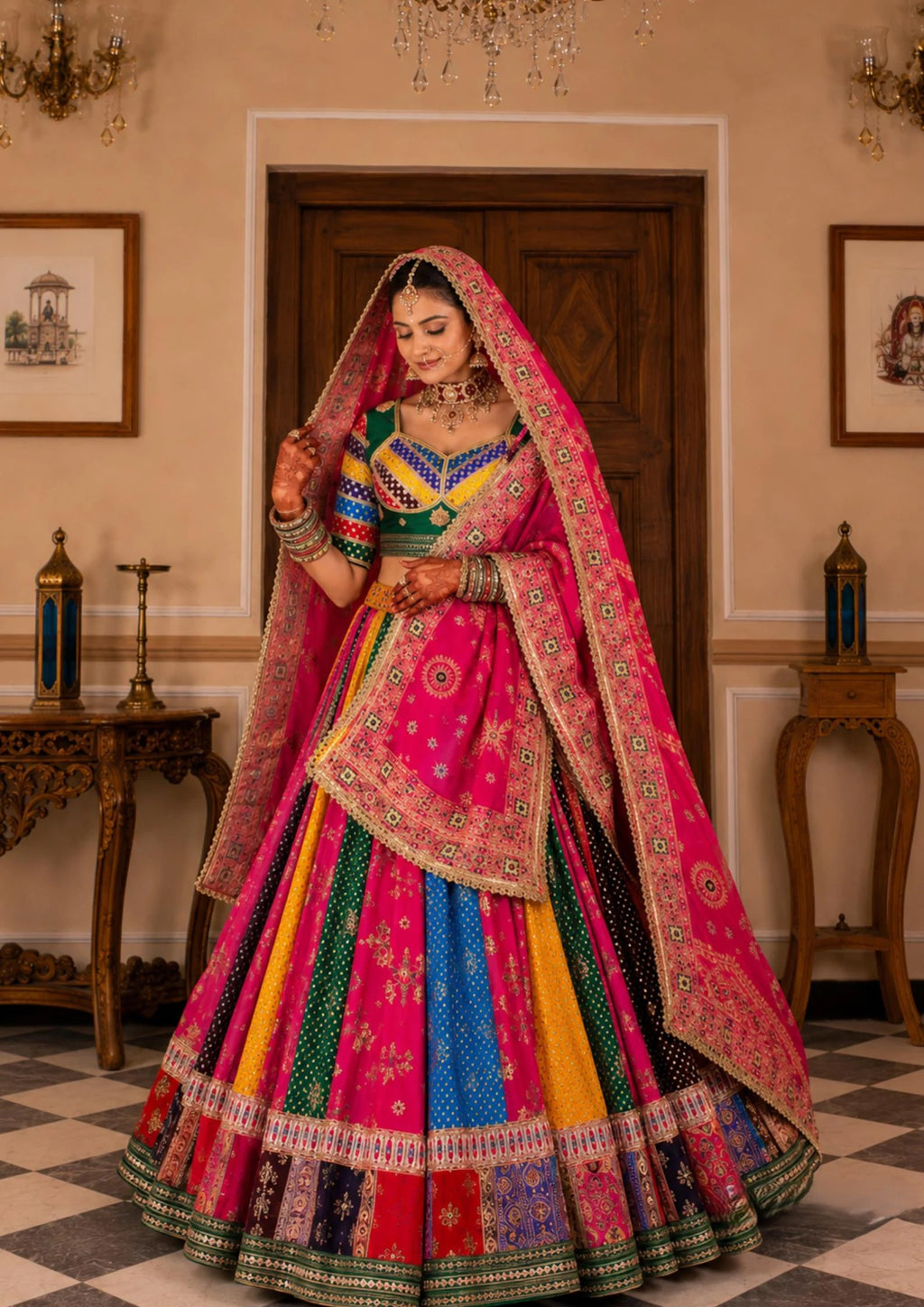 Anvisha Muslin Cotton Digital Print & Mirror Work Lehenga with Blouse & Dupatta