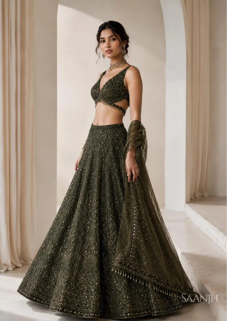Aavira Chinon Silk Sequin & Thread Work Lehenga Choli with Net Dupatta for Wedding